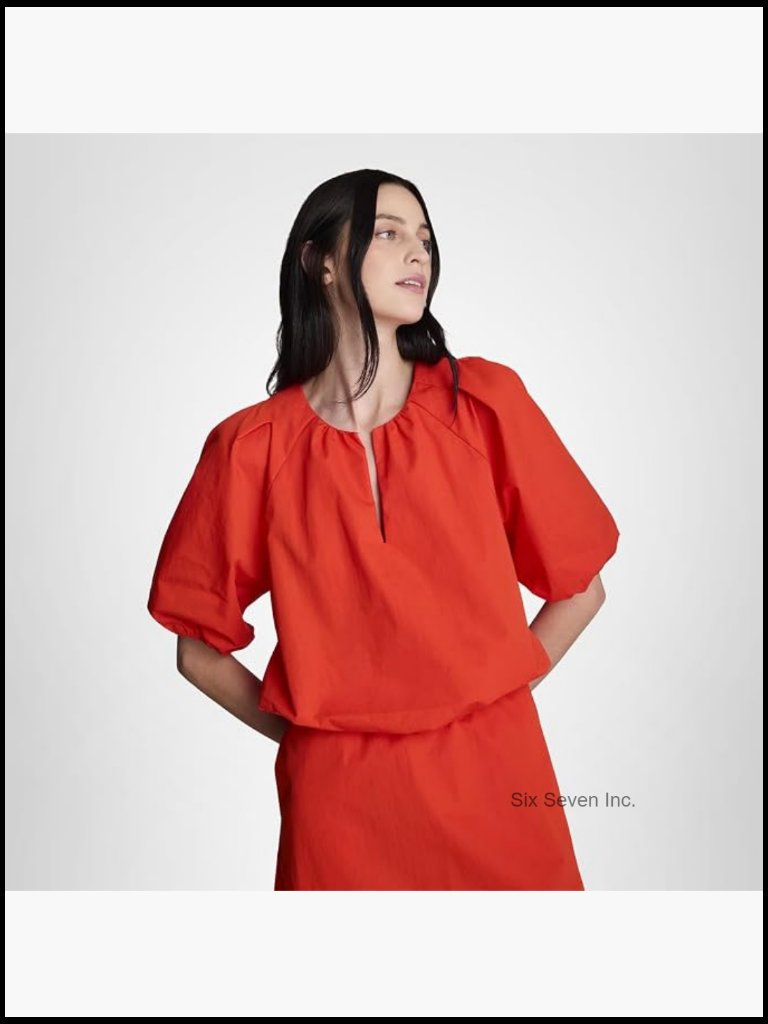 Puff Sleeve Cropped Cotton Blend Top, Crew Neck Pull On